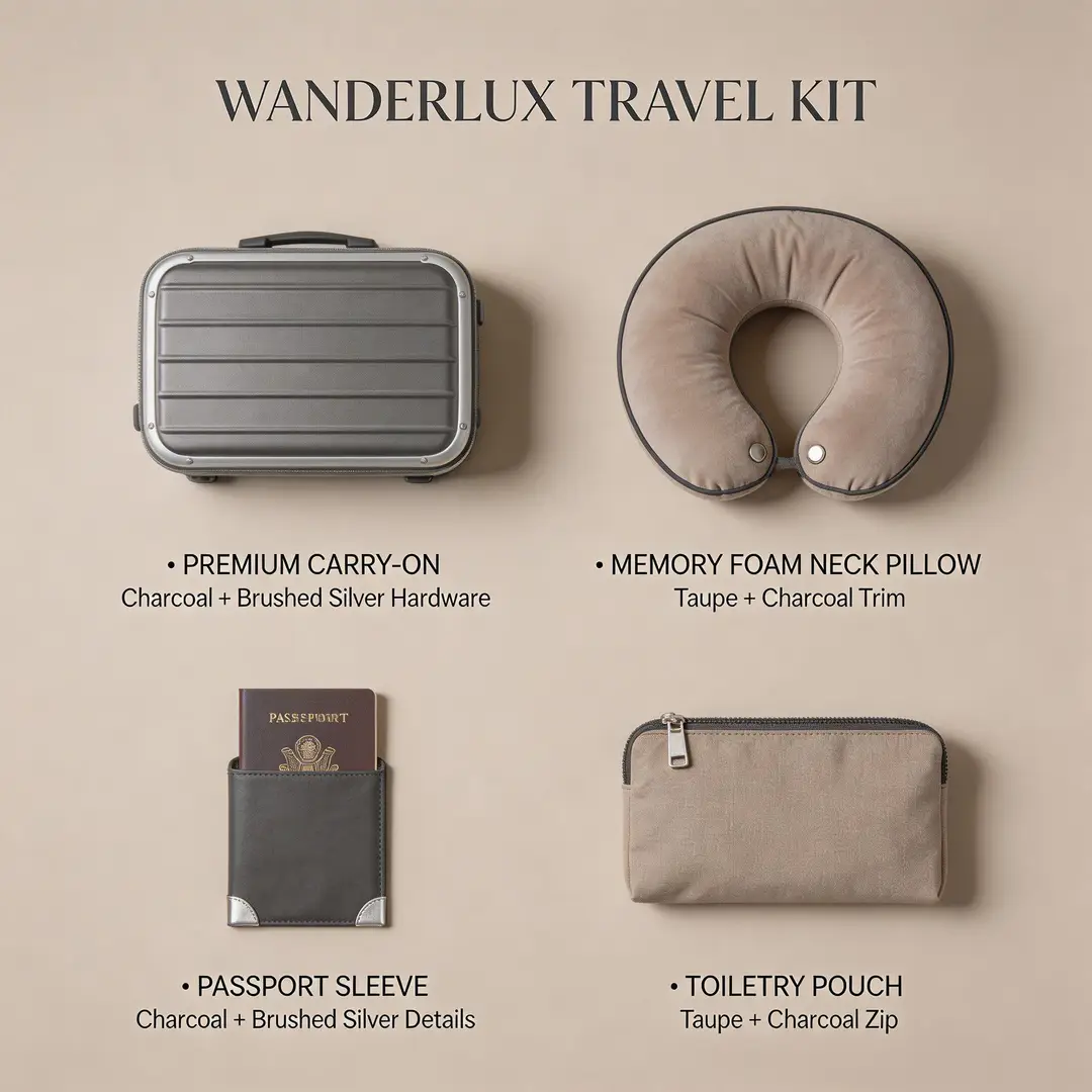 Un panel de concepto de kit de viaje con artículos coordinados, materiales pulidos y una disposición de revisión ordenada.