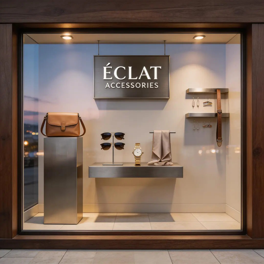 Un marco de concepto de escaparate minorista con materiales pulidos, composición de exposición ordenada y un ambiente preparado para la marca.