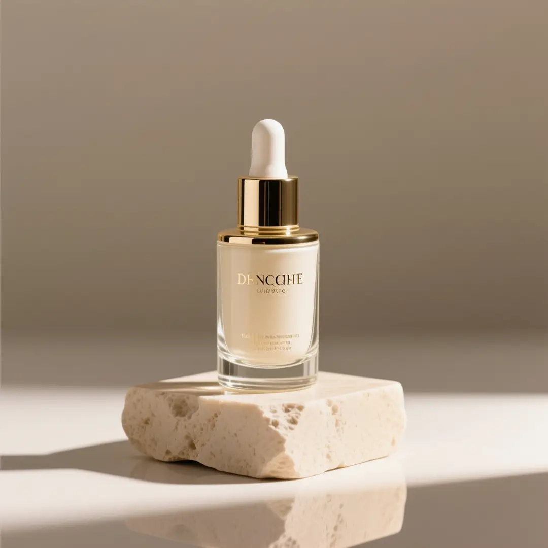A premium skincare bottle photographed on a stone pedestal with soft studio light.